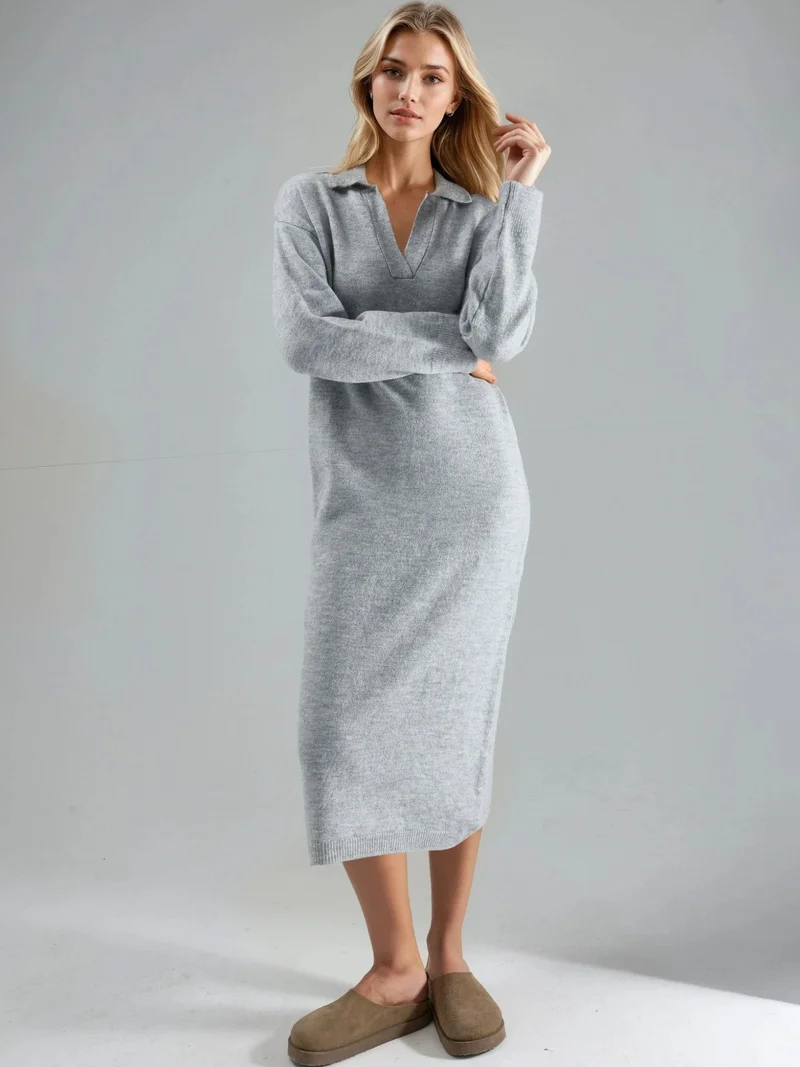 MY FASHION Ribbed Polo Collar Maxi Knit Dress